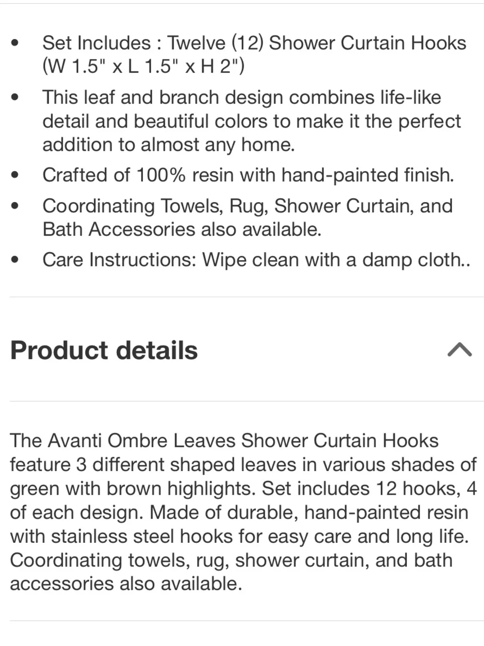 AVANTI NWT 12pc ombré leaves shower curtain hooks